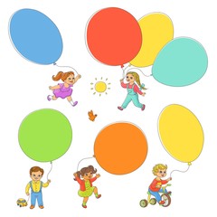 Obraz na płótnie Canvas Set of children playing with balloons, hand-drawn vector illustration isolated on white background. Drawing of happy kids, boys and girls, playing with balloons, full length portrait