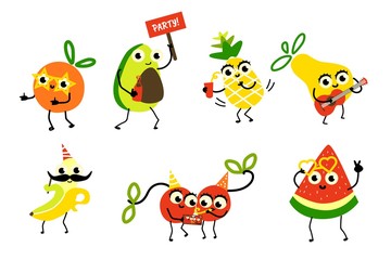 Obraz premium Set of fruit characters having fun at birthday party, dancing, singing, playing guitar, flat cartoon vector illustration isolated on white background. Set of funny fruit characters having party