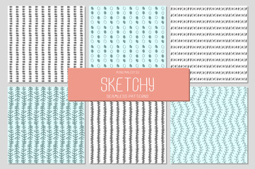 Set of 6 abstract minimalistic seamless patterns in tribal style