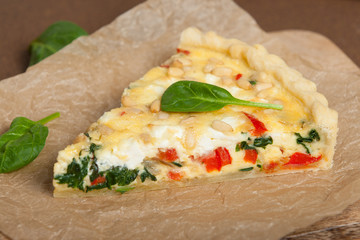 Home Baked Quiche With Spinach, Bell Pepper, Feta Cheese.