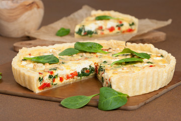 Home Baked Quiche With Spinach, Bell Pepper, Feta Cheese.