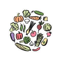 Simple drawn vegetables in a circle shape.