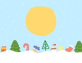 winter season, abstract hand draw doodle christmas tree, snowman, sock, gift box, snow flake on snow landscape at day time with sun, illustration