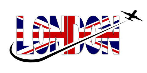 Fototapeta na wymiar London flag text with plane silhouette and swoosh illustration