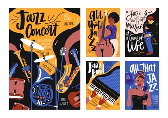 Poster Verzameling van poster-, plakkaat- en flyersjablonen voor jazzmuziekfestival, concert, evenement met muziekinstrumenten, muzikanten en zangers. Vectorillustratie in hedendaagse hand getrokken cartoon stijl. © Good Studio