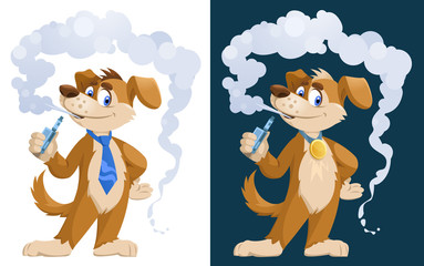 Dog vaper. Funny dog smoking electronic cigarette. Cartoon styled vector illustration. Elements is grouped. On white and dark background. No transparent objects.