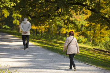 Senior citizen couple walking in park at autumn
