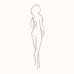 Silhouette of young gorgeous sexy naked woman with slim figure hand drawn with contour lines. Outline of nude female character isolated on light background, back view. Monochrome vector illustration.