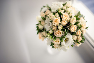 Wedding accessories. Bouquet and accessories of bride and groom. Wedding details