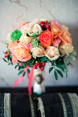 Wedding accessories. Bouquet and accessories of bride and groom. Wedding details