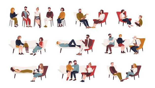 Collection of men and women or married couples sitting on chairs or lying on sofa and talking to psychotherapist or psychologist. Group or family psychotherapy. Flat cartoon vector illustration.