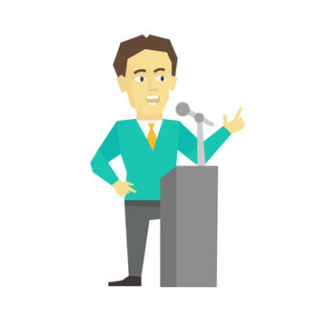 recommend clip art: Polemicist speaker. Business man politician. President speech on tribune pulpit. Flat color vector illustration.
