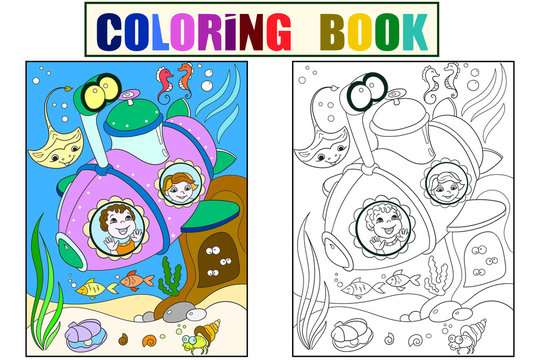 Children exploring the underwater world in a submarine color pages for children cartoon vector. Coloring, black and white