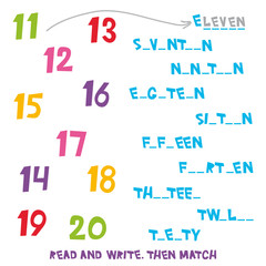 Read and Write. Then Match the numbers 11 to 20. Kids words learning game, worksheets with simple colorful graphics. children educational Learning color theme and vocabulary. Vector