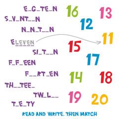 Read and Write. Then Match the numbers 11 to 20. Kids words learning game, worksheets with simple colorful graphics. children educational Learning color theme and vocabulary. Vector