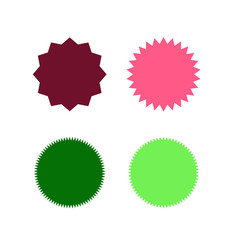 Set of vector starburst, sunburst badges. Different color. Simple flat style Vintage labels. Colored stickers.