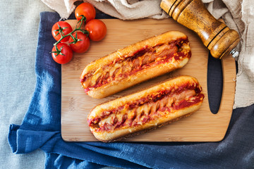 Home made Grilled Hot Dog with cheese, ketchup