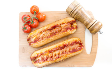 Home made Grilled Hot Dog with cheese, ketchup