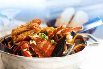 closeup mix seafood soup pot
