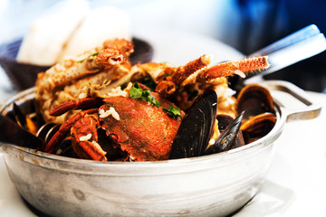 closeup mix seafood soup pot