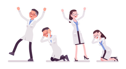 Male and female scientist in different emotions