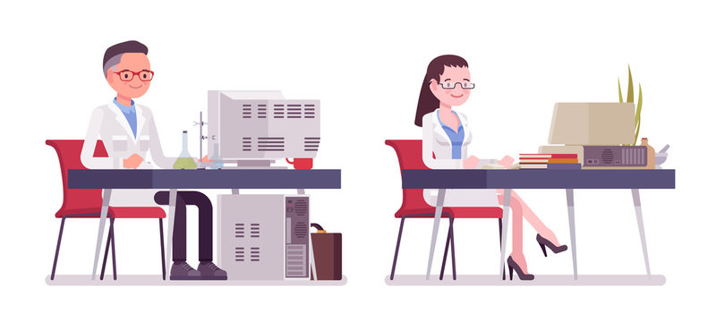 Male and female scientist working at desk