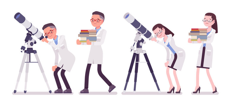 Male and female scientist with telescope