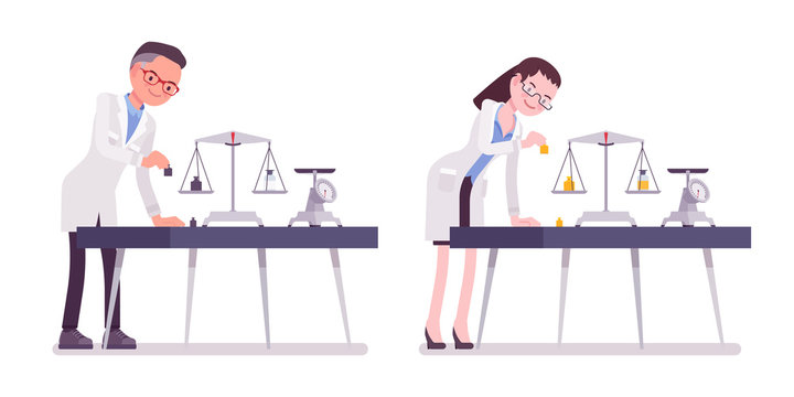 Male and female scientist weight measuring