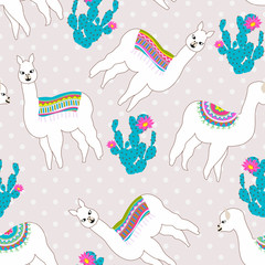 Seamless pattern with cute llama, castus and flower. Vector abstract background for kid. Hand drawn lama design with sweet polka dot background