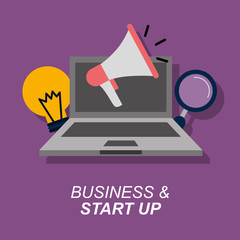 laptop megaphone bulb magnifier business and start up vector illustration