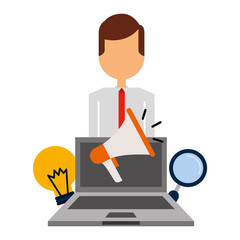 businessman laptop megaphone bulb magnifier business vector illustration