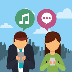 people using smartphone device with speech bubbles and city background vector illustration