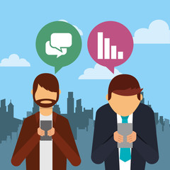 people using smartphone device with speech bubbles and city background vector illustration