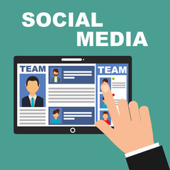 hand touch screen tablet team social media vector illustration
