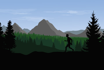 Fototapeta na wymiar Vector flat landscape with mountains, hills and forest and silhouette of training runner