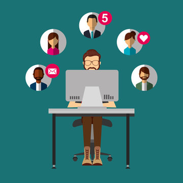 bearded man sitting in desk with laptop people social media vector illustration