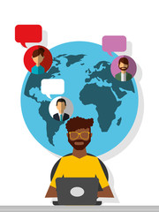 afroamerican man working laptop world people communication vector illustration