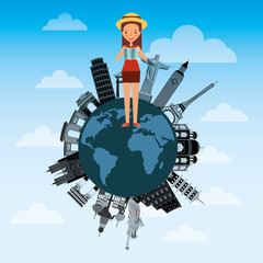 cute young woman with map tourist in world differents monuments