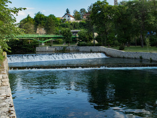 Beautiful enormous Jajce waterfall on the river Pliva