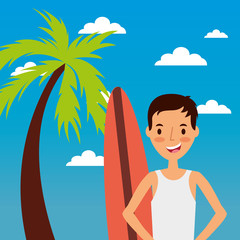 Obraz na płótnie Canvas portrait young man tourist wth surfing board and palm sky