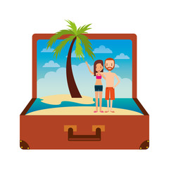 Obraz na płótnie Canvas vintage suitcase couple inside with swimsuits and beach landscape vector illustration