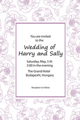 Vintage wedding invitation. Hand drawn vector meadow flowers and roses. Trendy ultraviolet colors.