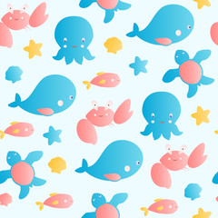Cute sea animals seamless vector background.
