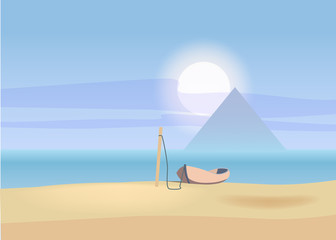 Minimalist landscape, sea, boat, sun, isolated, vector, illustration