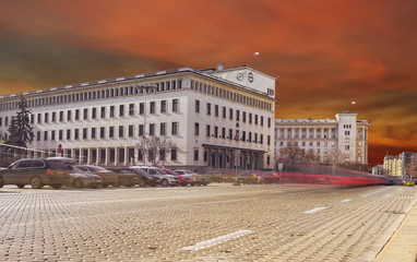 Surreal sunset over bulgarian main bank building in Sofia