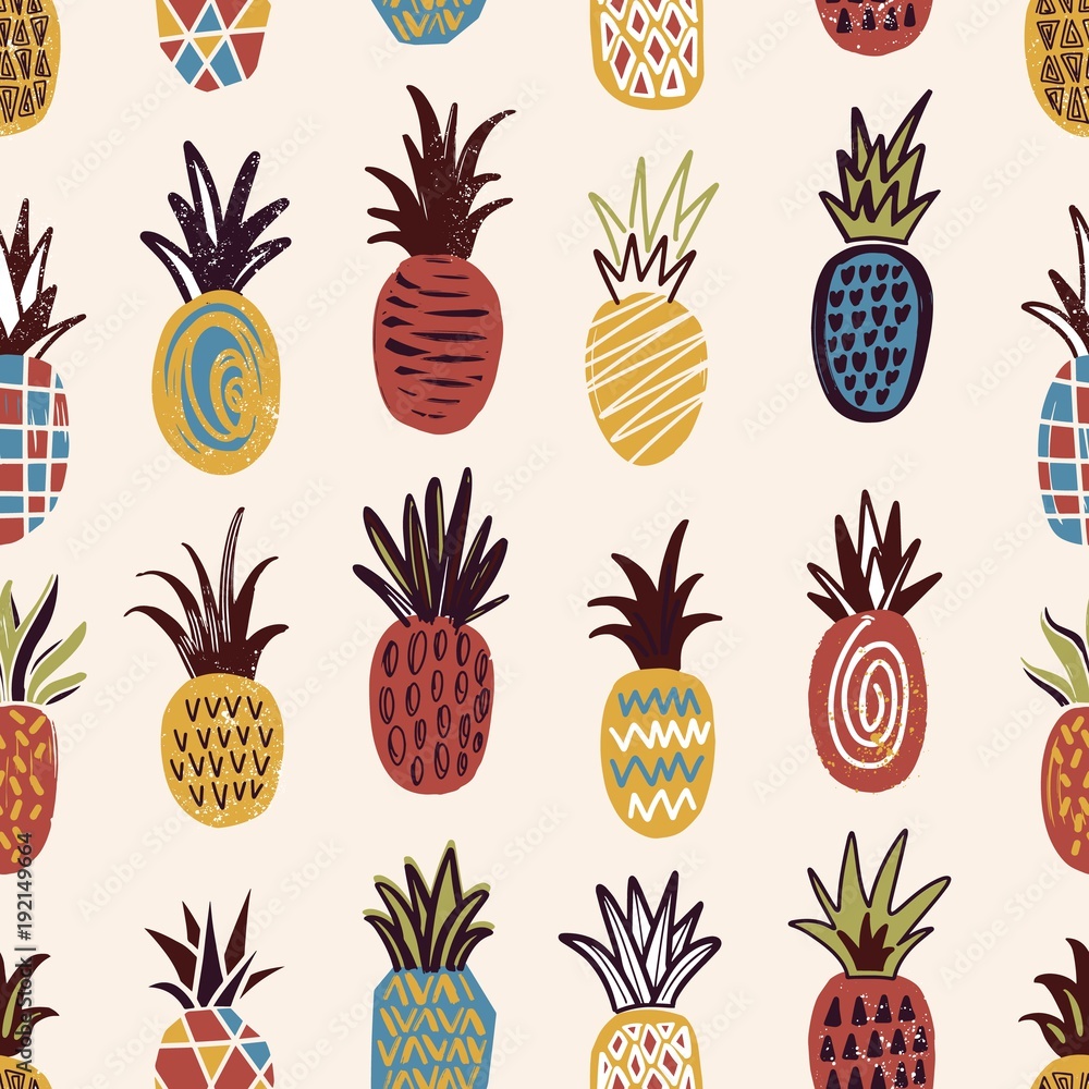 Poster Seamless pattern with pineapples of various color and texture on light background. Backdrop with exotic tropical ripe juicy fruits. Colorful hand drawn vector illustration for wallpaper, fabric print.