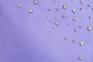 background with wooden hearts, place for text, purple, violet color