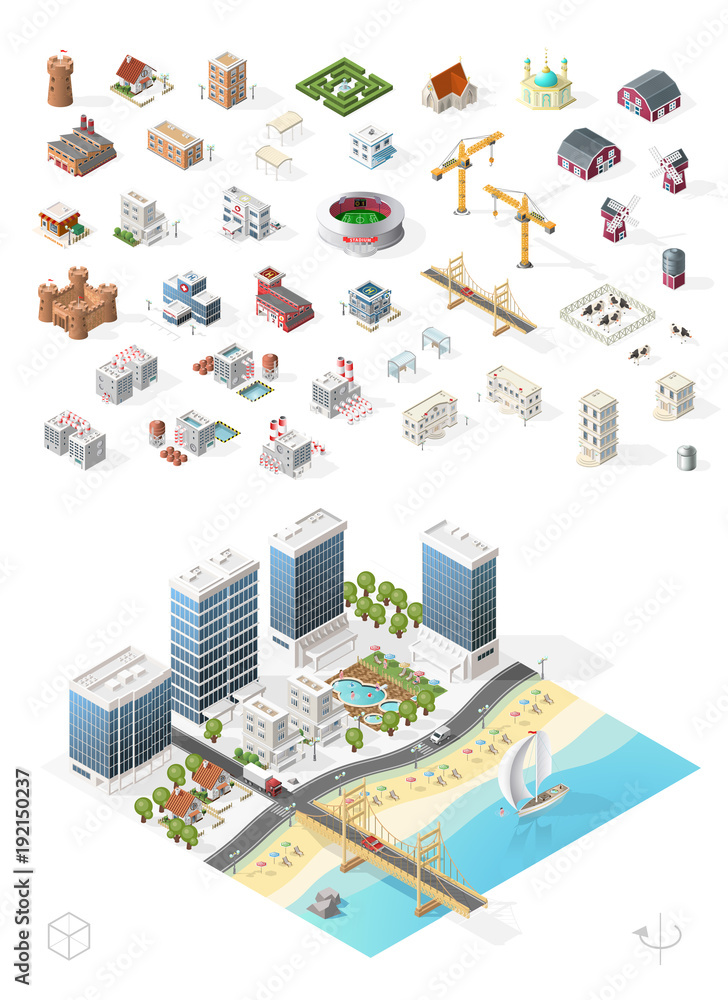 Poster build your own isometric city . isolated high quality vector elements on white background