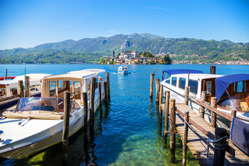 View of San Giulio island on Lake Orta, Piedmont region, north Italy