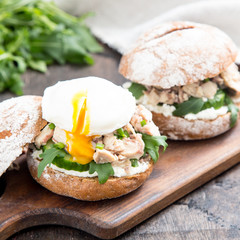 Food burger with tuna, herbs, cucumbers, cottage cheese, onions